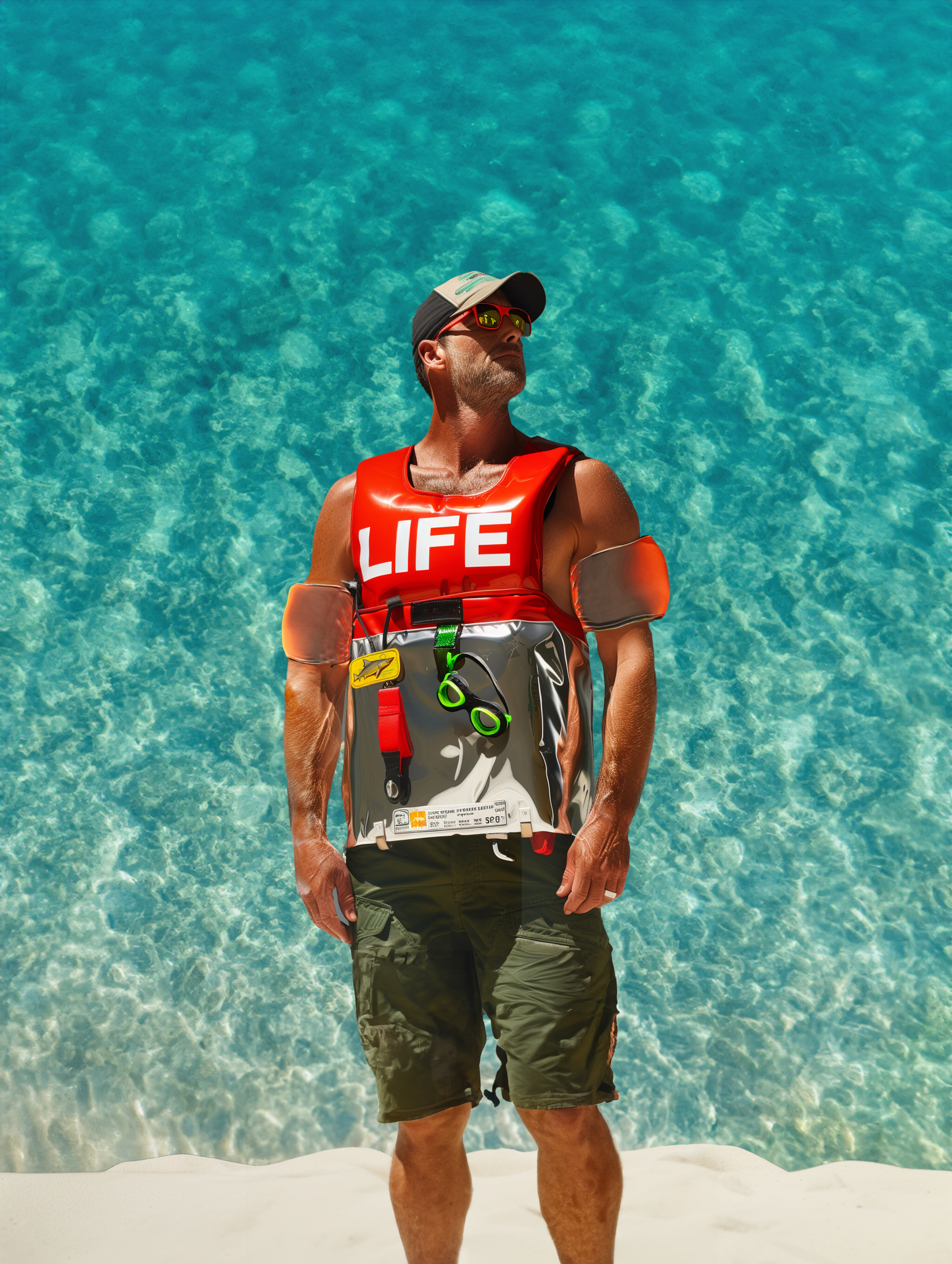 A lifeguard standing on the beach near clear blue water, wearing sunglasses, a red life jacket with 'LIFE' printed on it, camouflage shorts, and rescue gear attached to his vest.