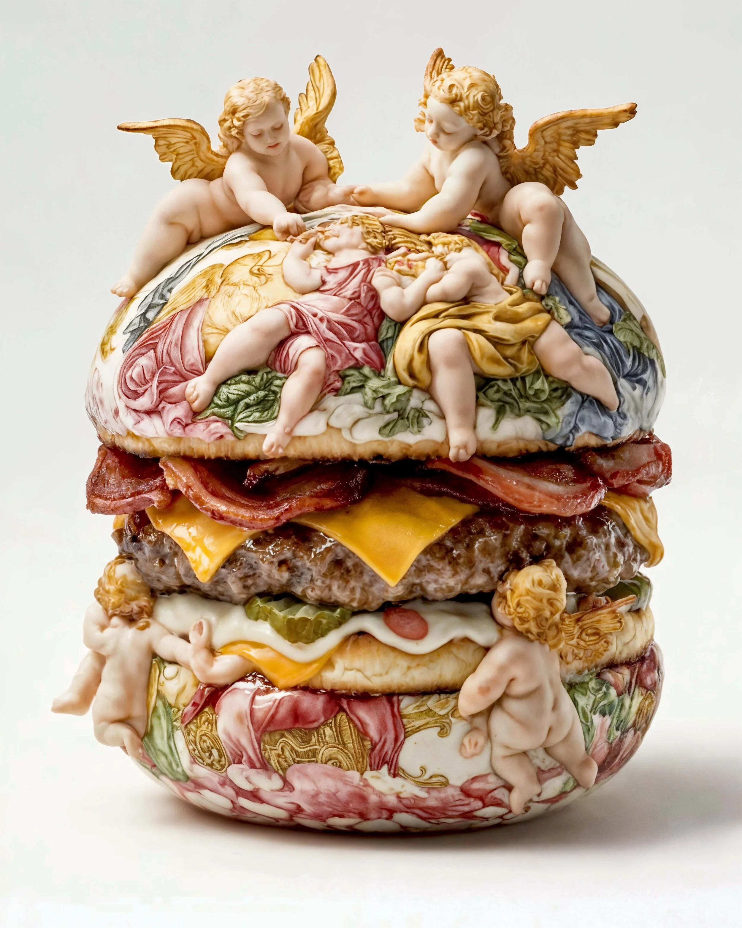 A surreal sculpture of a hamburger with detailed porcelain angels on the top, servings of meat, cheese, fried bacon, eggs, and vegetables stacked in layers.