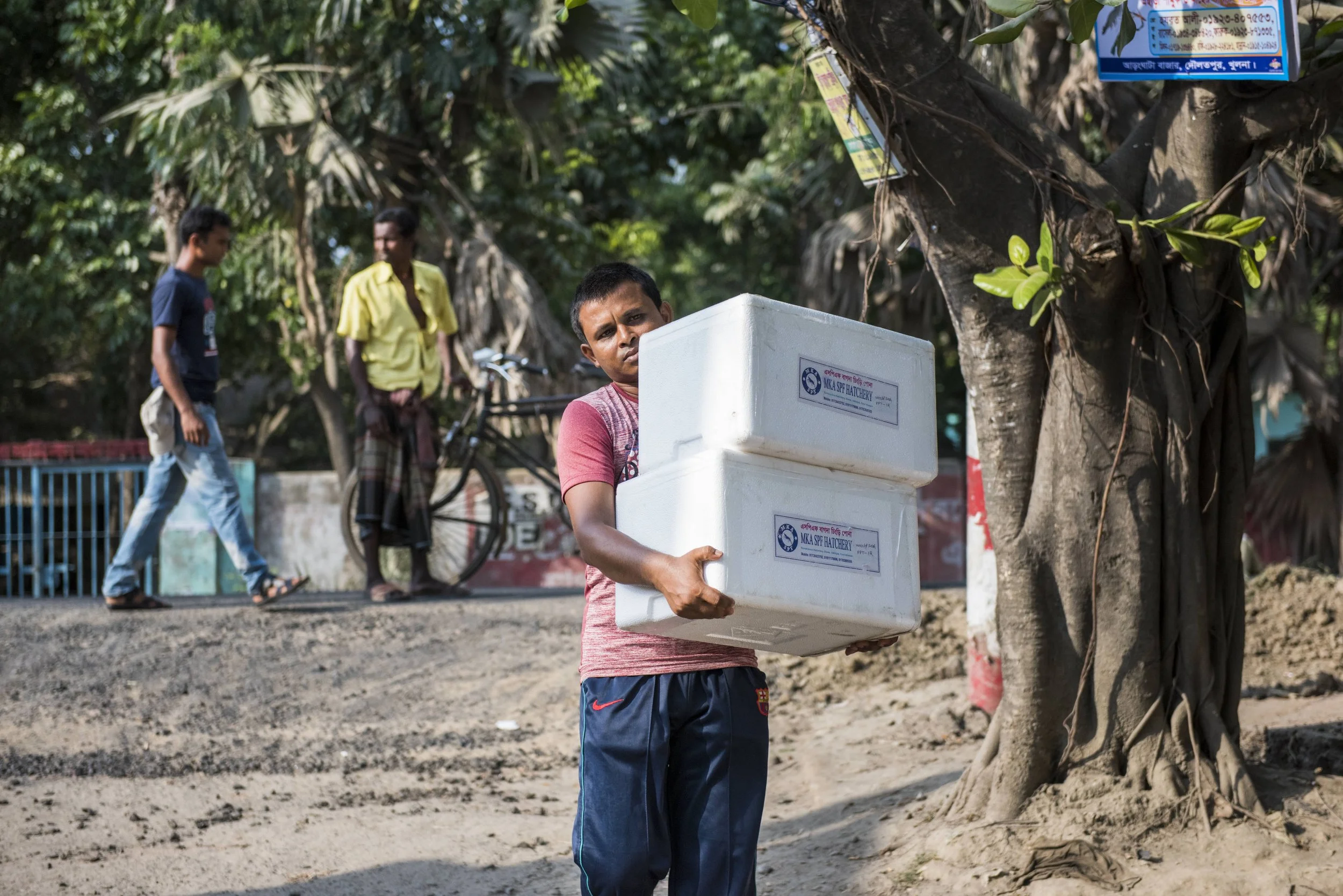 Photo of a man carrying two boxes with USAID labels on them
