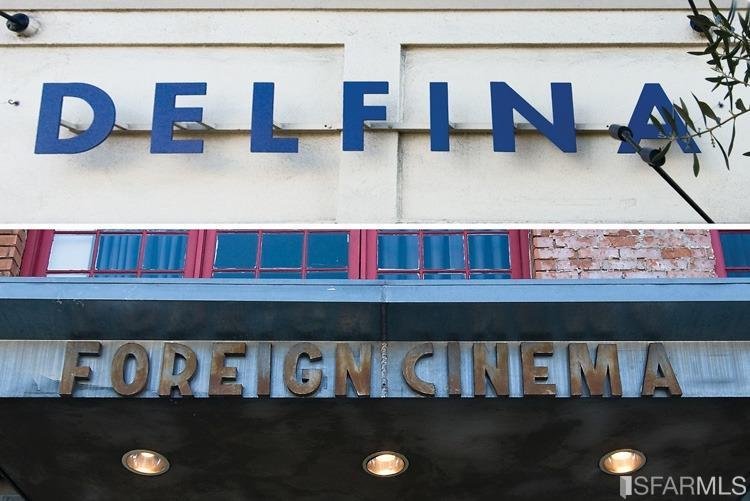 Signage of Delfina and Foreign Cinema restaurant and establishment