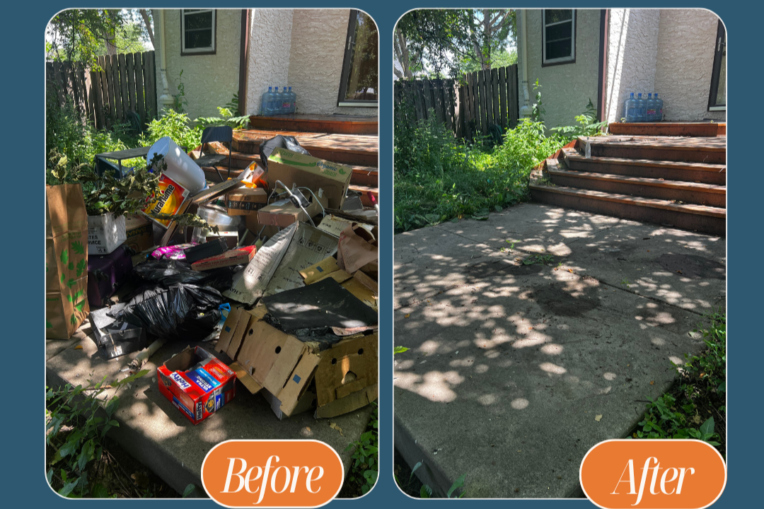 Side-by-side comparison of a house exterior showing a cluttered front porch with trash, debris, and overgrown plants on the left, and a clean, cleared porch with smooth concrete, steps, and trimmed plants on the right.