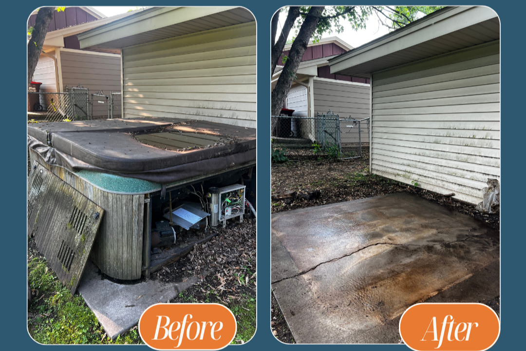 Comparison of backyard area before and after cleaning. The left shows a cluttered, dirty hot tub with debris, while the right shows a clean, spick-and-span concrete patio with no debris.