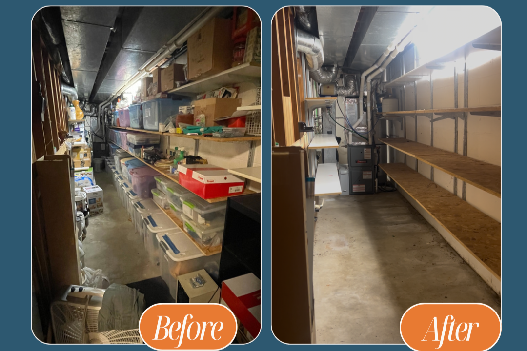 Comparison of a cluttered storage room before and after organization, featuring shelves filled with bins and miscellaneous items on the left, and an empty, neatly organized space with wooden shelves on the right.