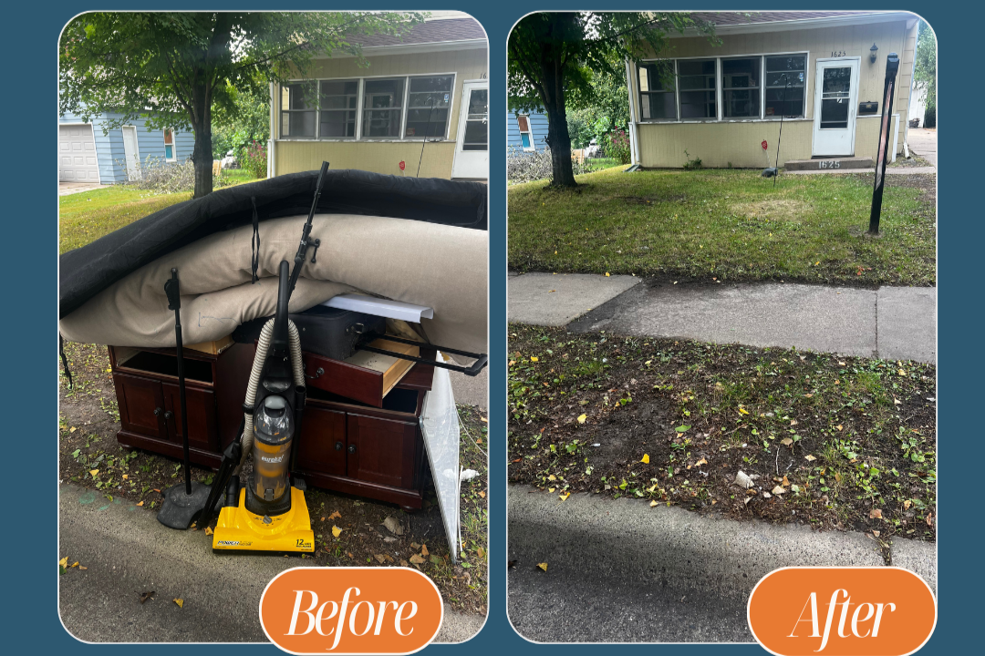Comparison of a cluttered front yard with furniture and cleaning equipment in the 'Before' photo and a clean, tidy front yard in the 'After' photo.