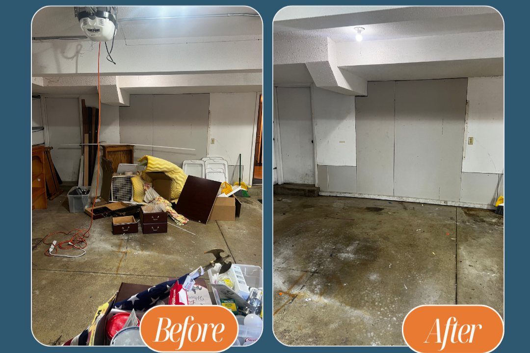 Comparison of a garage before and after cleaning. The before image shows clutter, furniture, and miscellaneous items, while the after image shows a clean, empty garage with visible concrete floor and plain white walls.