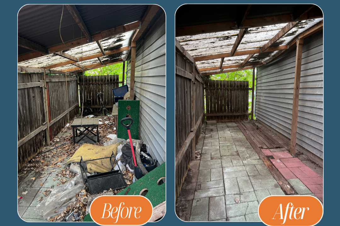 Side-by-side images showing a small outdoor patio area before and after cleaning and organization; the 'before' side is cluttered with leaves, debris, and various objects, while the 'after' side is clean with a clear paved surface and organized space