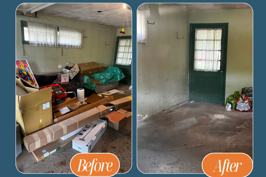 Comparison of a cluttered, messy room before cleaning on the left and a clean, empty room after cleaning on the right.