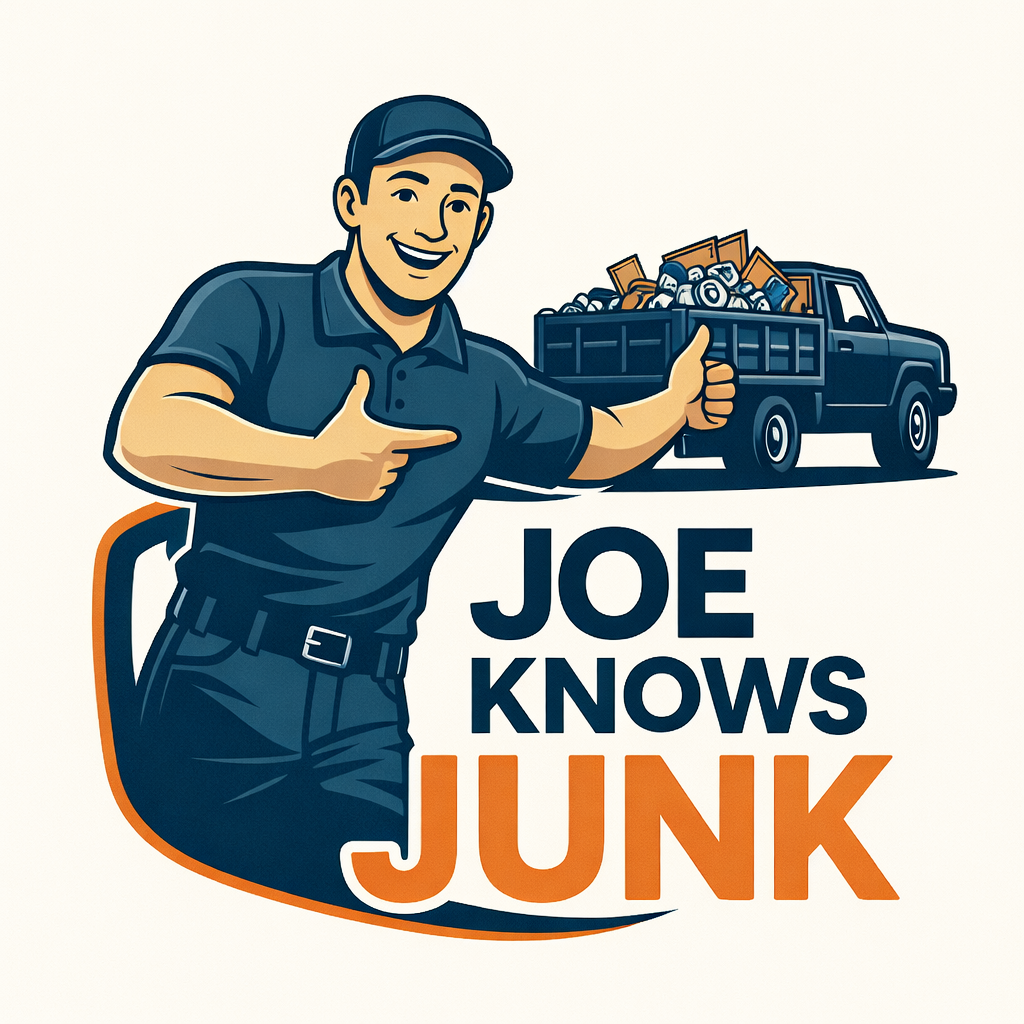 Illustration of a smiling man in uniform giving a thumbs up, pointing to a truck filled with junk, with the text "Joe Knows Junk"