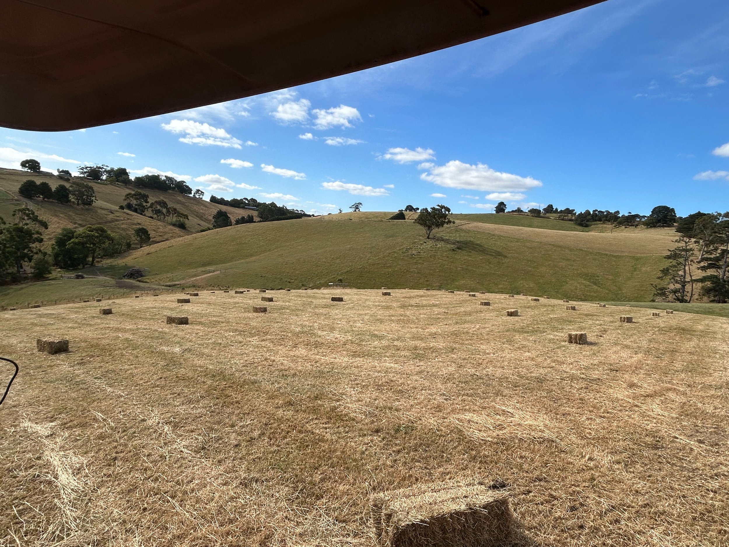 A scenic view of rolling grassy hills with scattered trees under a blue sky with white clouds. The foreground shows a dry, straw-colored field with rectangular hay bales.