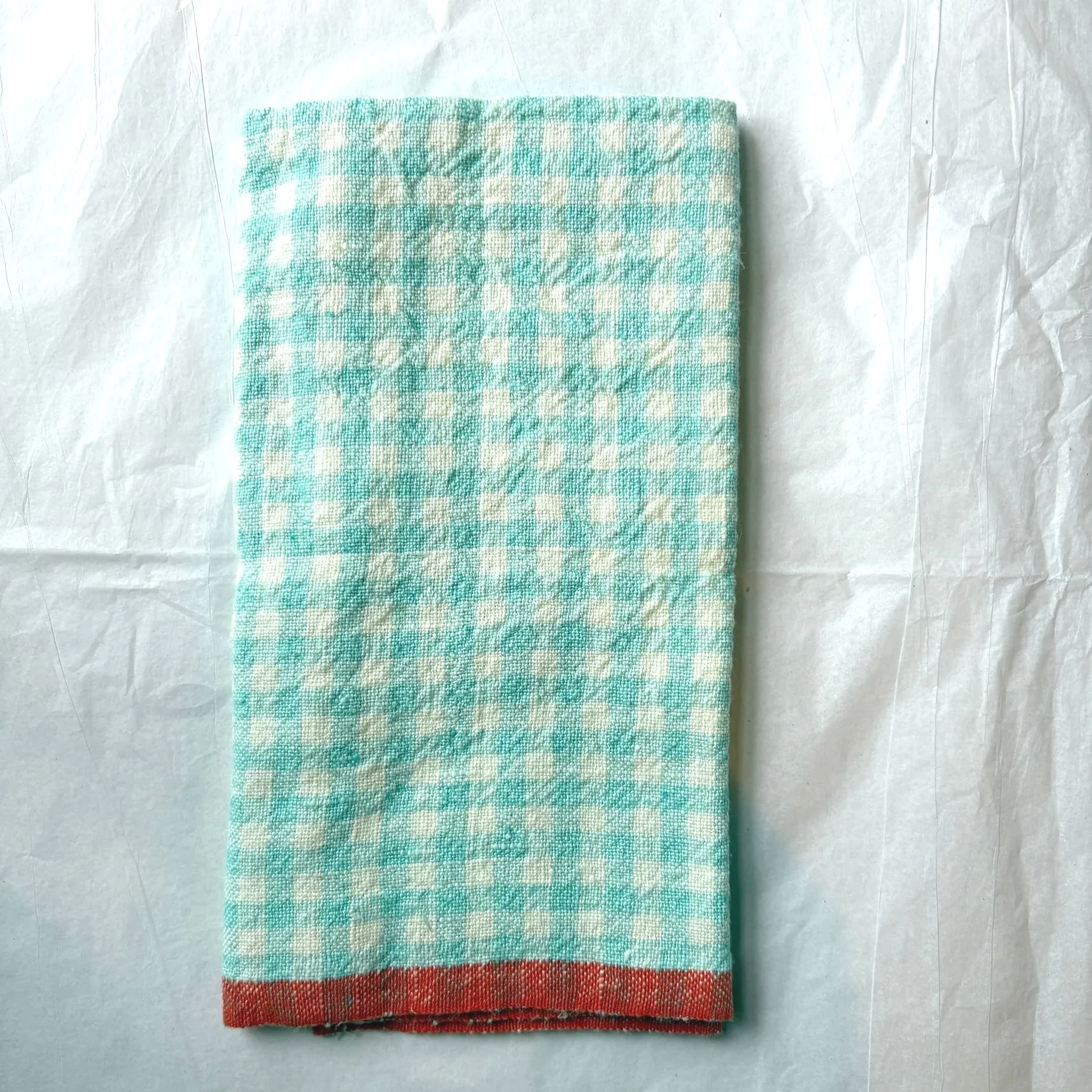 Gingham Linen Napkins - Aqua/Orange