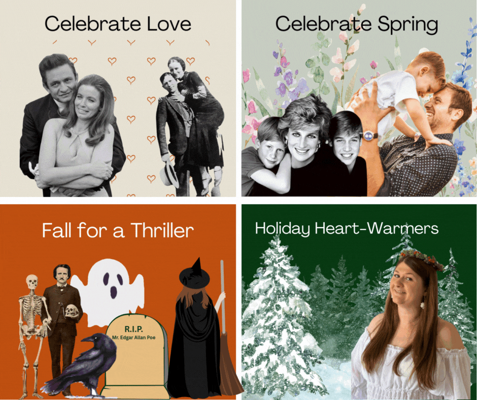 A collage of four seasonal themes with black-and-white photos and colorful backgrounds. Top left shows a couple and a woman with a child, labeled 'Celebrate Love.' Top right features a family of three with a woman and two boys, labeled 'Celebrate Spring.' Bottom left depicts Halloween with a skeleton, raven, witch, and ghost, labeled 'Fall for a Thriller.' Bottom right shows a woman smiling with snow-covered trees in the background, labeled 'Holiday Heart-Warmers'.
