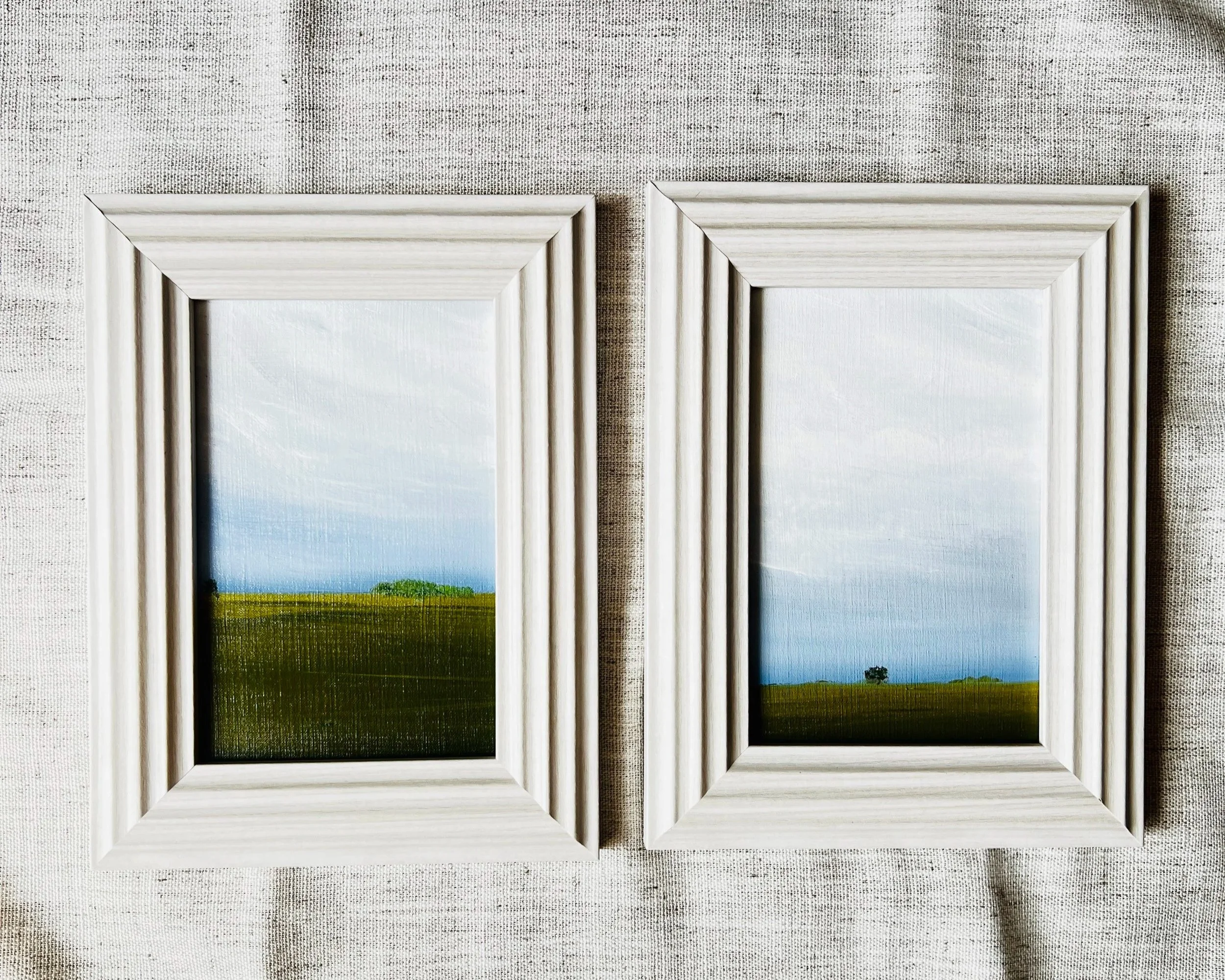 Two framed landscape paintings on a light-colored textured wall, depicting grassy fields with a cloudy sky.
