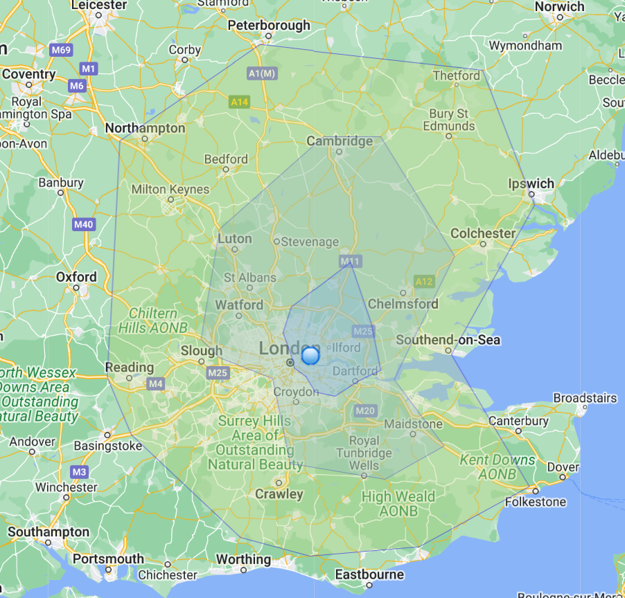 Map of southeastern England with a highlighted circular area around London and surrounding counties.