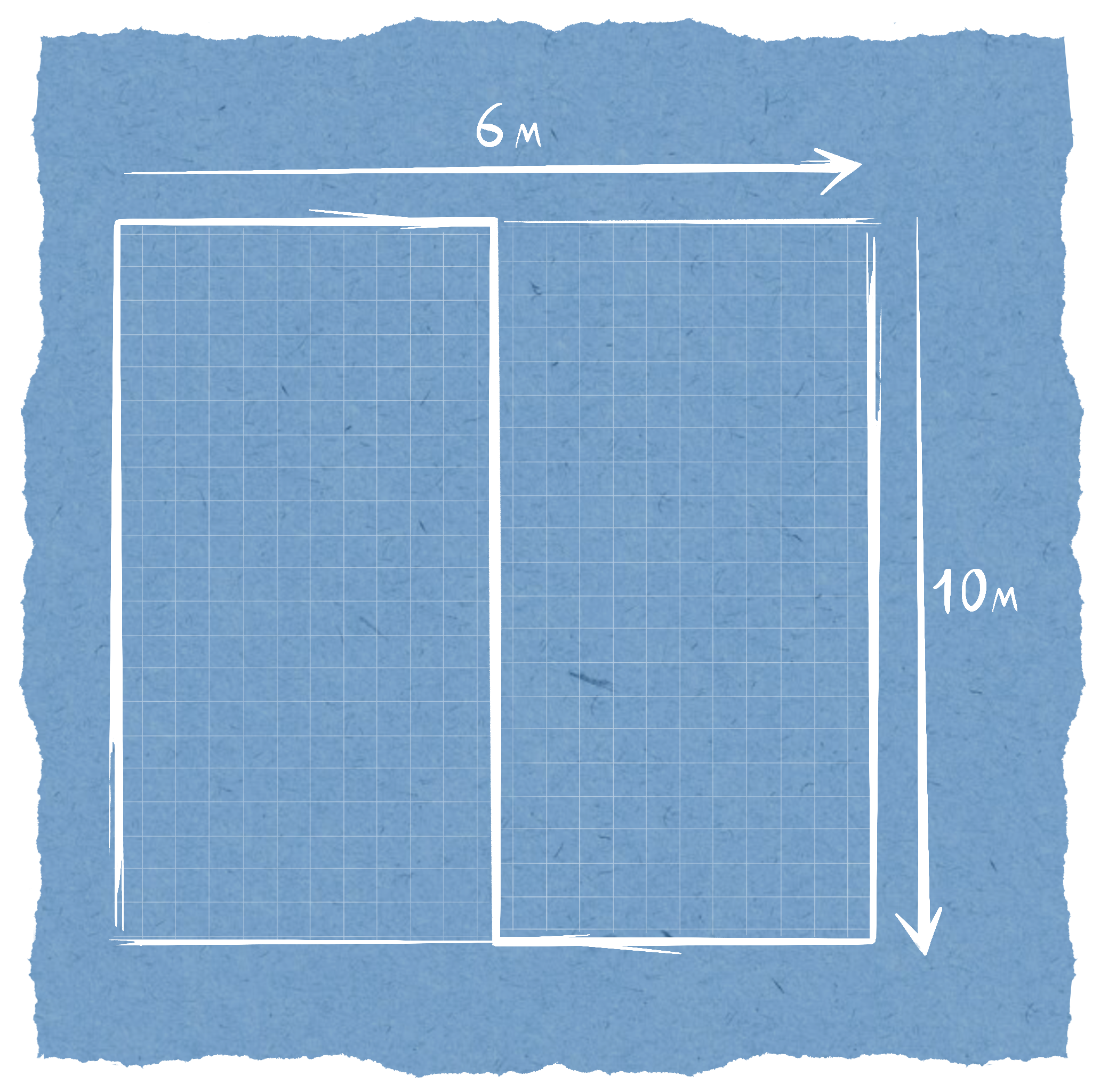 Blueprint-style drawing of a rectangular plot measuring 6 meters wide and 10 meters tall, divided into two sections, on a blue textured background.