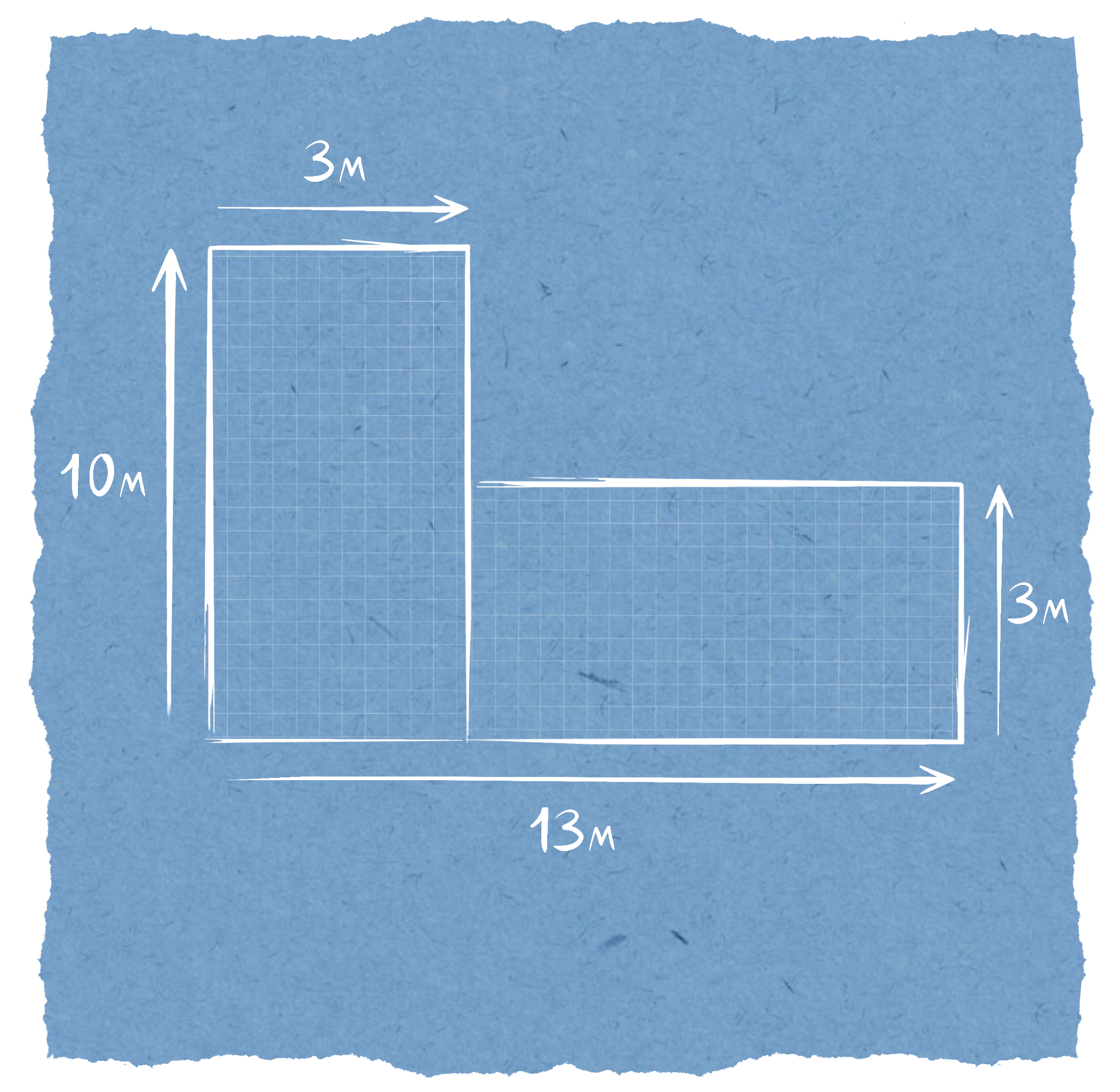 A blueprint of two rectangular swimming pools on blue textured paper, with measurements labeled. The taller pool on the left is 10 meters long and 3 meters wide, and the shorter pool on the right is 13 meters long and 3 meters wide.