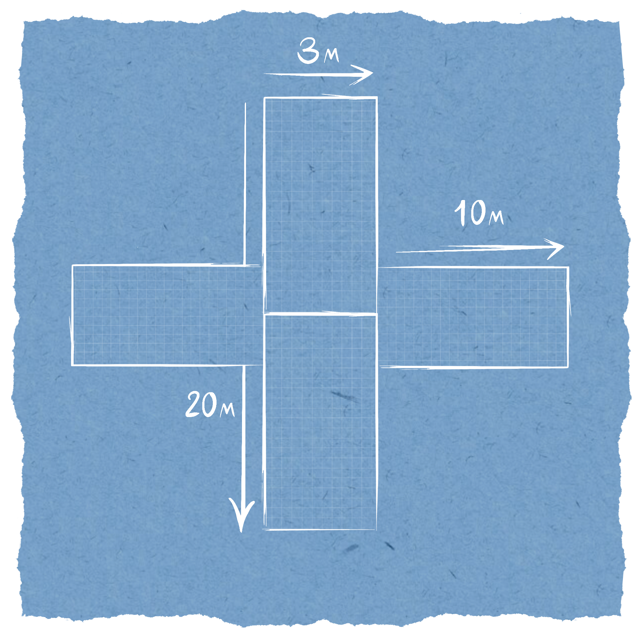 Blueprint of a 3D cross-shaped structure with measurements indicated: top section 3 meters wide, bottom section 20 meters tall, and side sections 10 meters long.