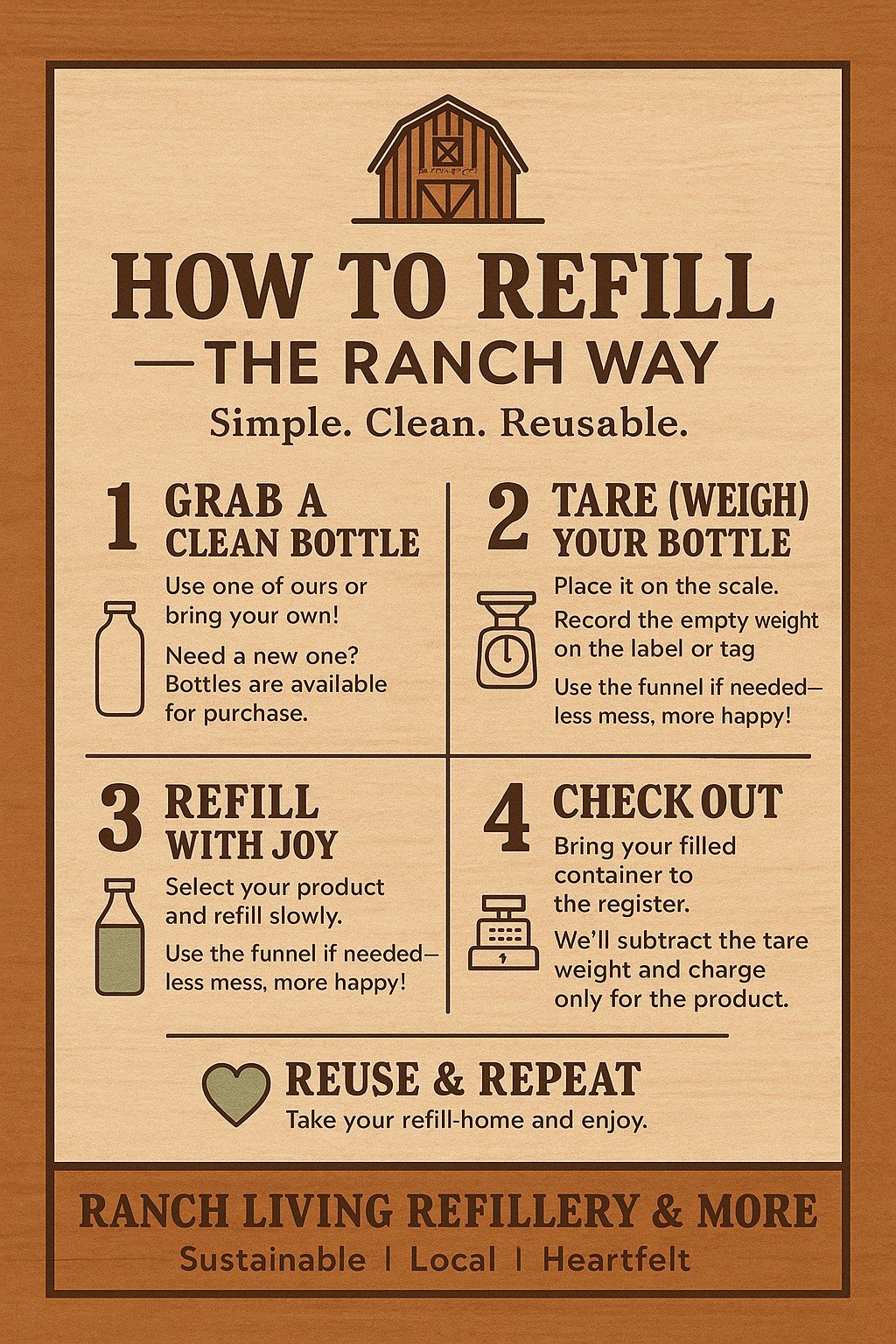 Instructions for refilling bottles at Ranch Living Refillery, detailing steps: grab a clean bottle, tare the weight on a scale, refill, and check out. Emphasizes sustainability and reuse.