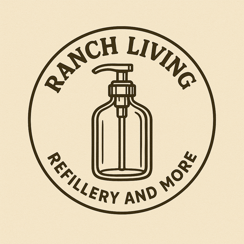 Logo with a pump bottle outline and the text 'Ranch Living Refillery and More' in a circular arrangement.