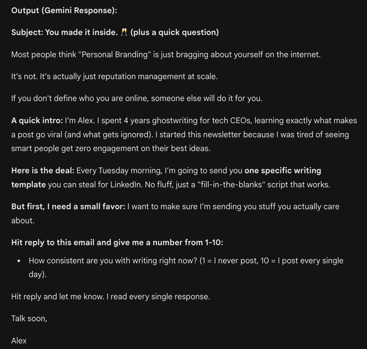 My Gemini output for a sample welcome email