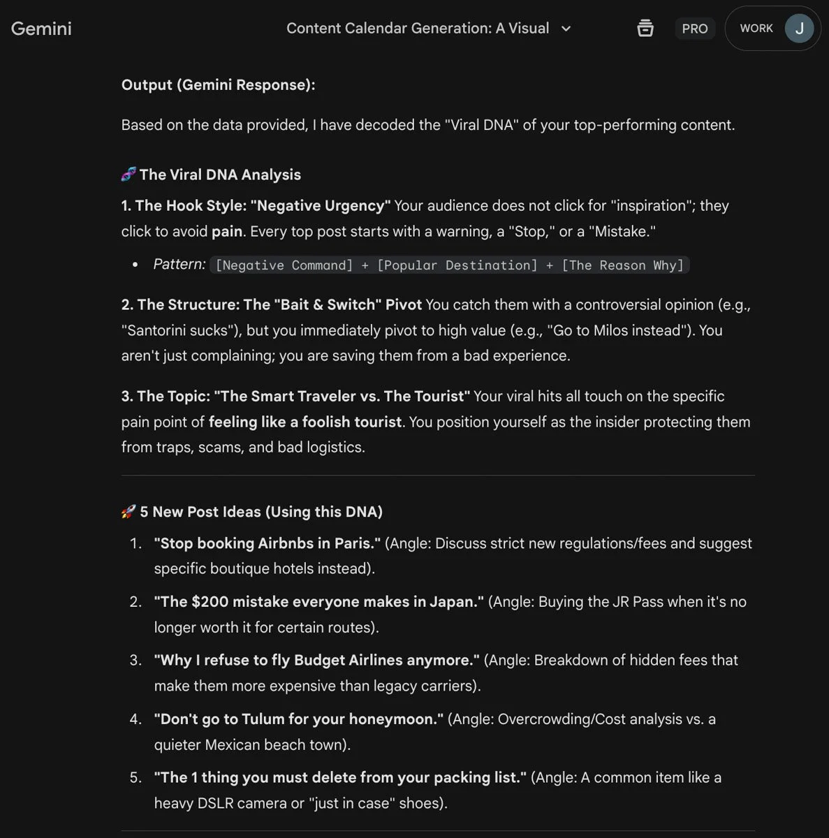 My Gemini content output for travel related ideas