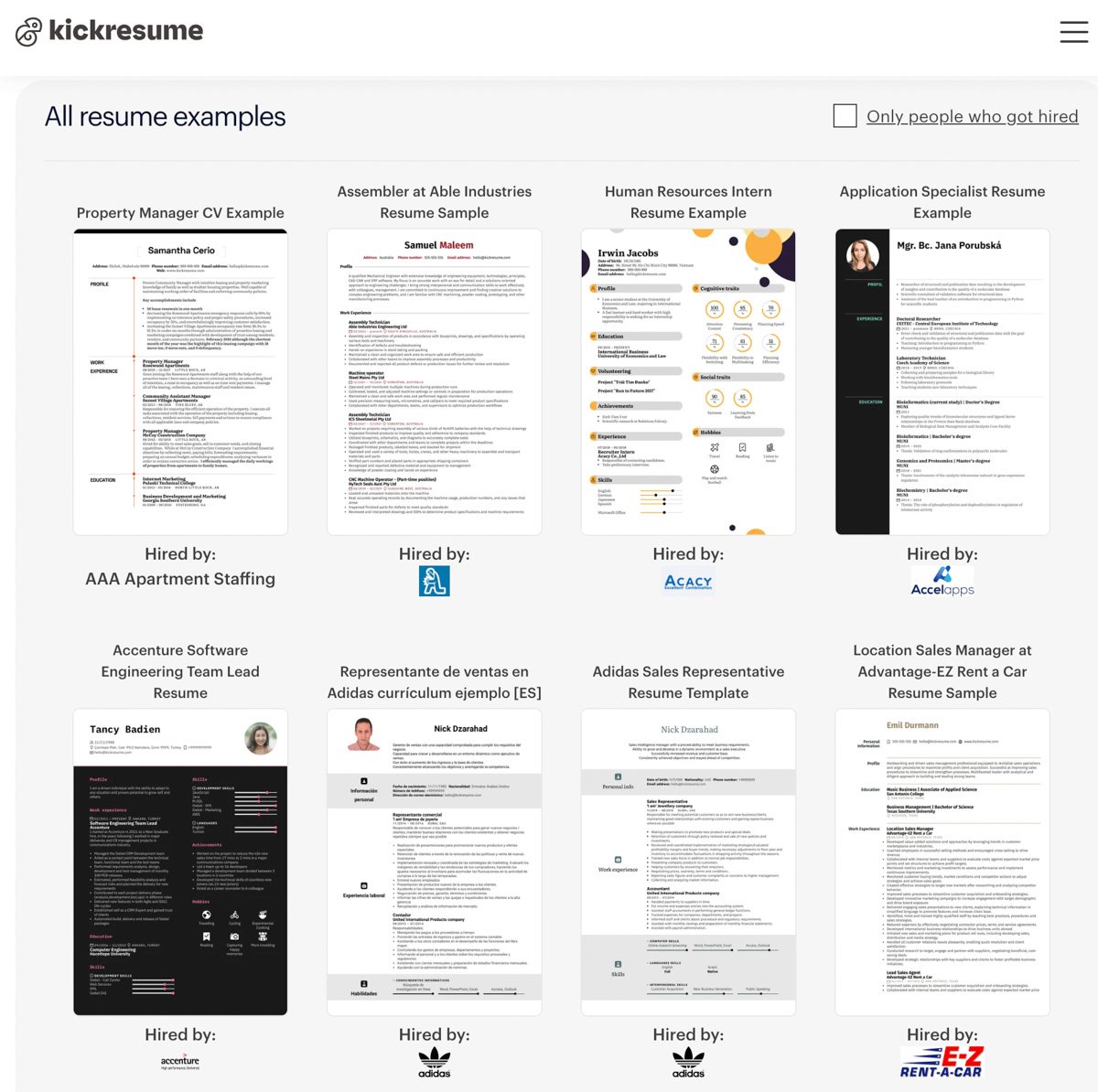 Examples showing successful resumes using Kickresume