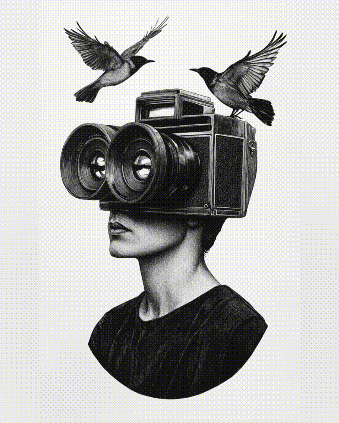 Imagem de uma mulher com um aparelho de câmera vintage cobrindo os olhos, com dois pássaros voando acima da câmera.