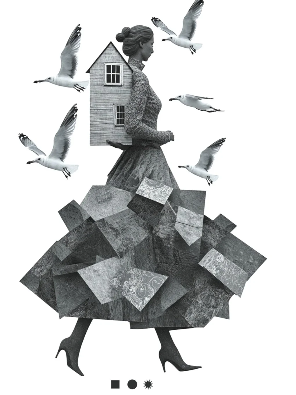 Montagem artística de uma mulher de perfil vestindo saia longa, com a parte superior do corpo e cabeça formando uma casa de dois andares com janelas, e asas de pássaros em volta. A base da saia é composta por blocos de pedra. O fundo é branco.