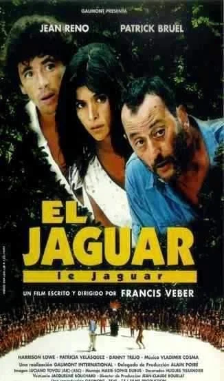 Movie poster for "El Jagua" featuring actors Jean Reno, Patrick Bruel, and an actress with dark hair, with the title in large yellow letters and a crowd of people at the bottom.