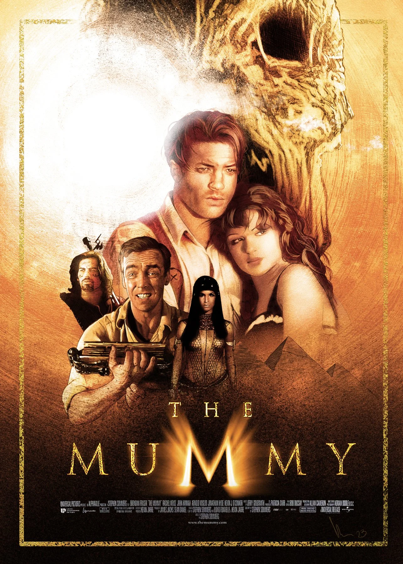 Poster for the movie 'The Mummy' featuring a large image of a mummy's skull in the background, with characters from the film including a man holding a weapon, a woman, and other supporting characters. The title 'The Mummy' is at the bottom.