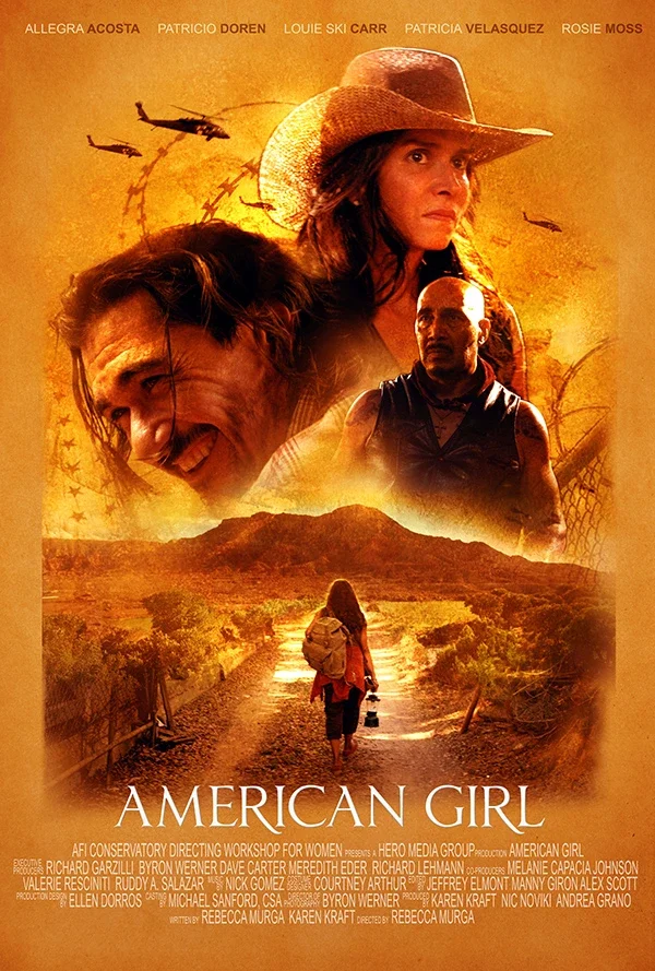 Movie poster for 'American Girl' featuring a woman wearing a cowboy hat, a smiling man, and another woman with serious expression, walking down a dirt road in a rural landscape with helicopters and barbed wire in the background.