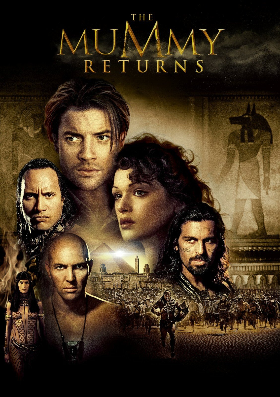 A poster for the movie The Mummy Returns featuring characters with intense expressions, ancient Egyptian imagery, and scenes of battle and pyramids in the background.