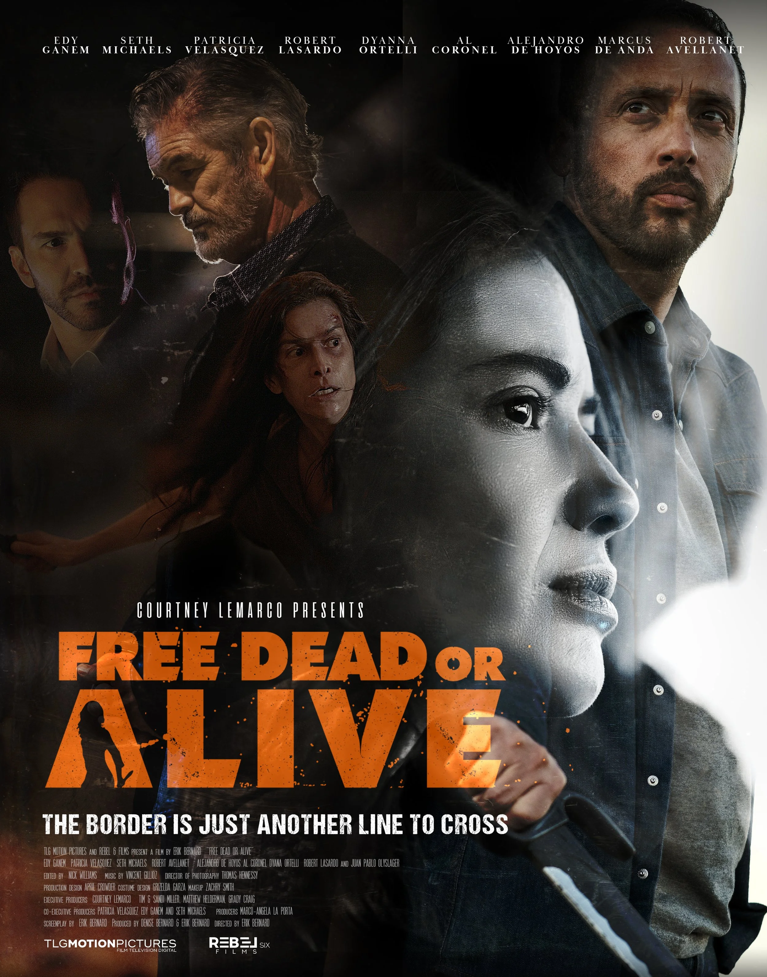 Promotional poster for the movie 'Free Dead or Alive' featuring multiple characters with intense expressions, including a man with a serious face and a woman with a determined look. The title is prominently displayed in large orange letters, and the 