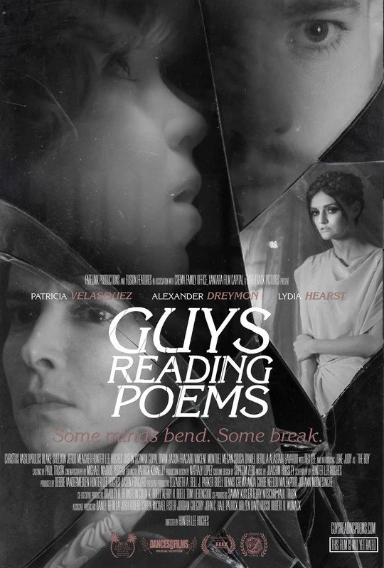 Black and white poster for the film "Guys Reading Poems" showing close-up faces of a young man and woman, with the title and tagline "Some minds bend. Some break."