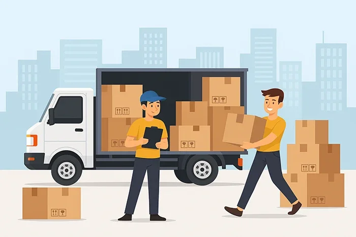Flat-style illustration of two movers loading boxes into a truck during an office relocation, with a city skyline in the background—ideal visual for professional office moving services.