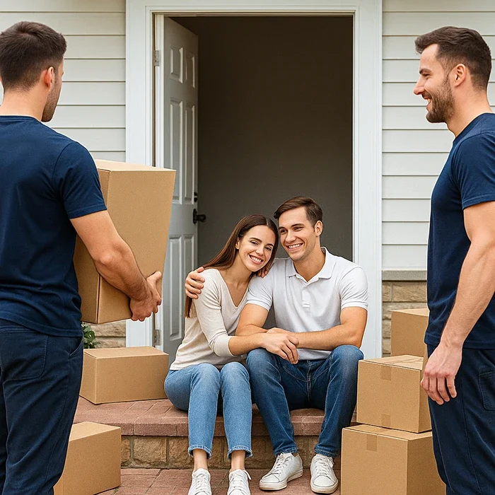 Happy couple sitting on their new home’s front steps while professional movers deliver boxes during a residential move.