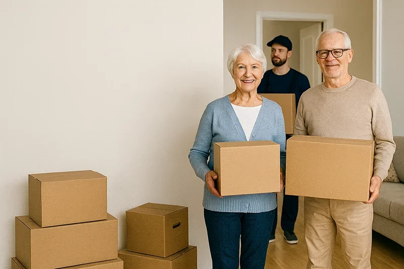 Smiling senior couple enjoying a happy, relaxed moment together, representing comfort, trust, and a stress-free moving experience.