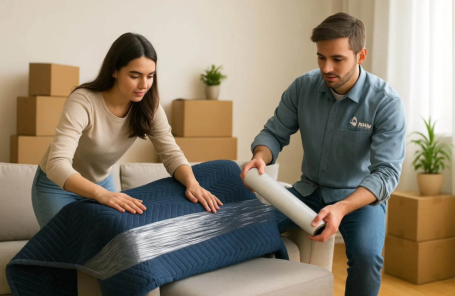 Professional movers in Toronto carefully wrapping a couch with protective moving blankets and fabric to prevent damage during transportation.
