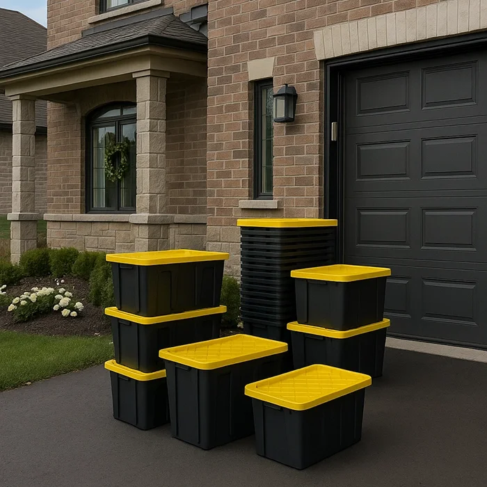 Stacked plastic packing bins with yellow lids placed outside a home—ideal for showcasing durable and organized packing kits for residential or commercial moves.
