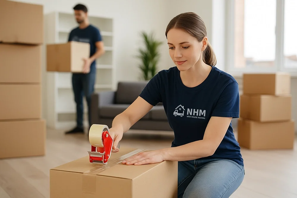 Professional movers carefully packing and organizing boxes inside a modern home, showcasing expert packing and unpacking services during a residential move.