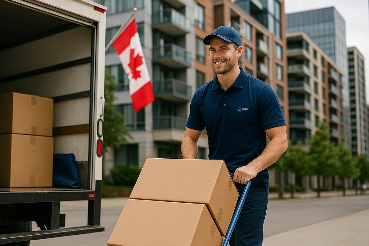 Movers loading and unloading boxes from a truck