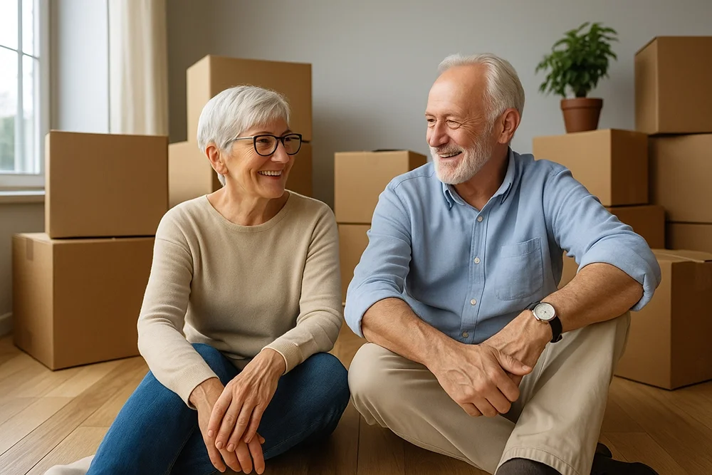 Elderly couple sitting together and relaxing during their moving day, surrounded by cardboard boxes—capturing a calm and stress-free relocation experience for seniors.