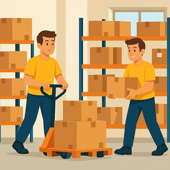 Two movers in yellow uniforms handling boxes inside a warehouse, using a pallet jack and organizing inventory shelves during a commercial industrial move in Toronto.