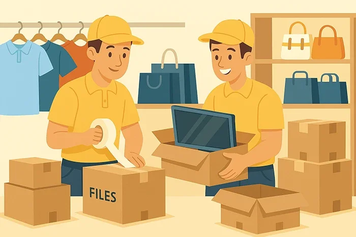 Two professional movers in yellow uniforms packing retail items and boxes inside a clothing store, preparing merchandise and inventory for a commercial move in Toronto.