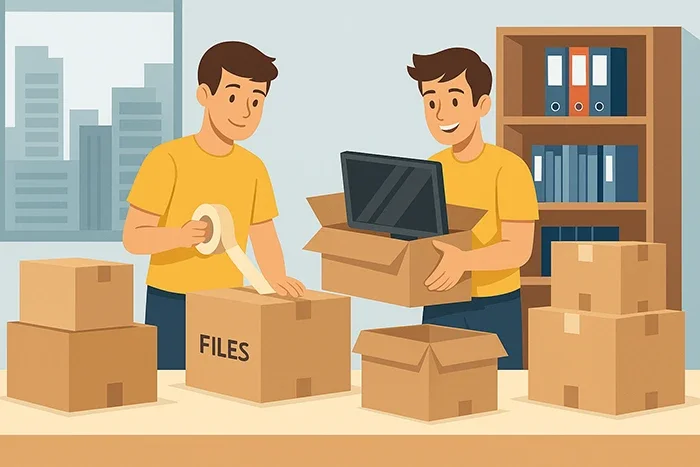 Illustration of two movers packing office equipment and files into cardboard boxes for a commercial move, with a city skyline in the background—ideal for promoting office packing services.
