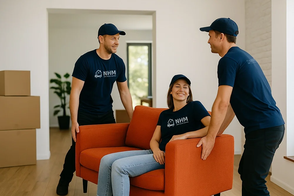 Two professional movers in dark uniforms carefully transporting furniture from one room to another—showcasing efficient and organized internal moving services.