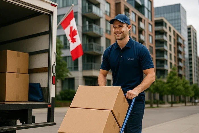 Professional movers delivering a large box in Toronto office.
