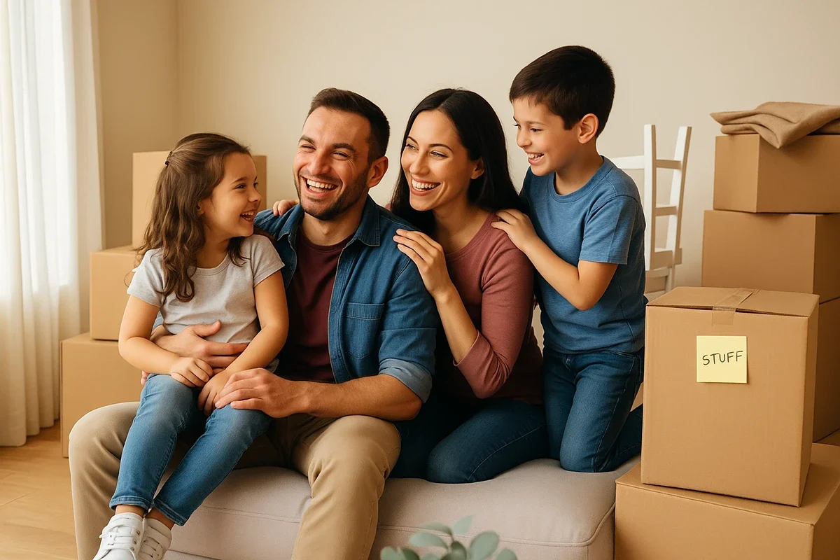 Happy family smiling together after a successful and affordable home move in Toronto.