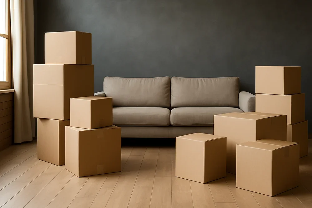 Cardboard moving boxes stacked in a cozy Toronto living room with a neutral sofa and natural lighting—ideal scene for residential moving services.