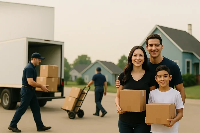Professional delivery workers unloading large boxes into a customer’s house.