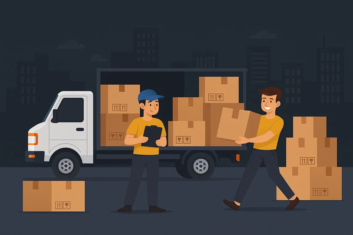 Delivery workers unloading boxes from a truck